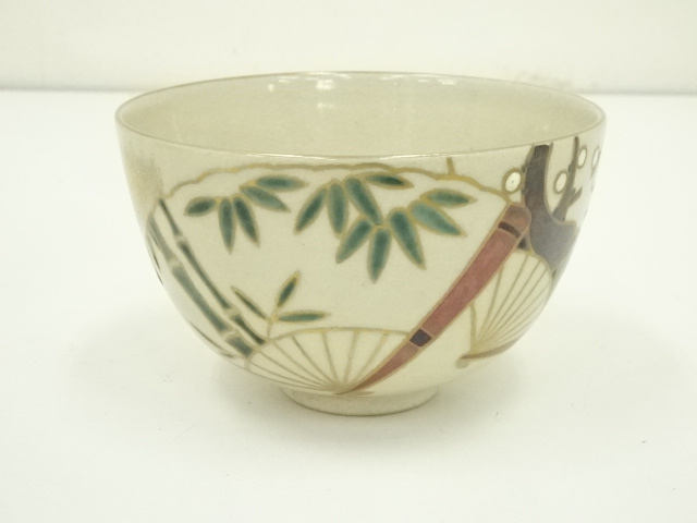 道具 ] - 道具 京焼 清閑寺窯造 杉田祥平 色絵松竹梅扇面茶碗（保護箱